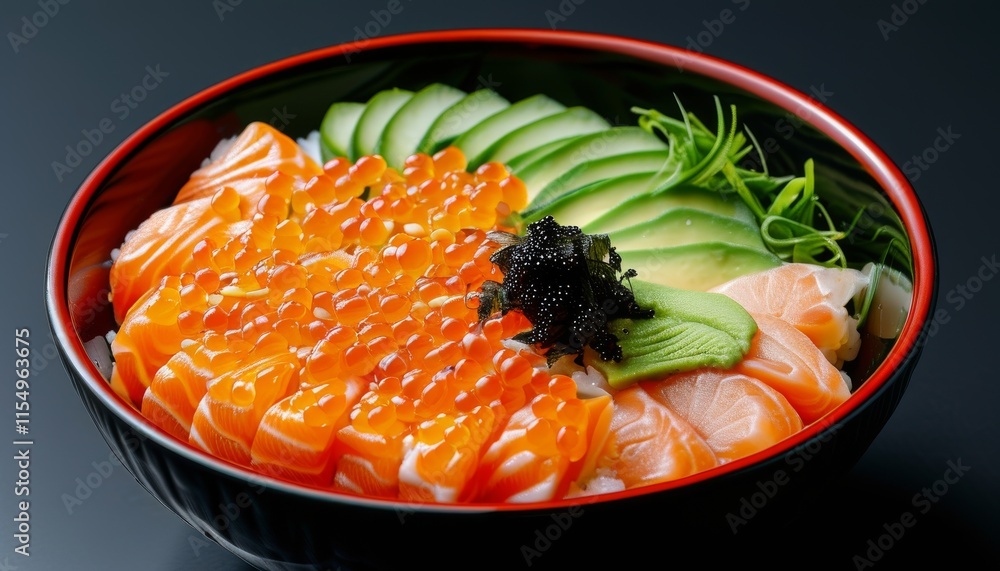Vibrant Sushi Bowl with Salmon, Toppings, and Fresh Vegetables in Elegant Presentation Vibrant Sushi Bowl with Salmon, Toppings, and Fresh Vegetables in Elegant Presentation