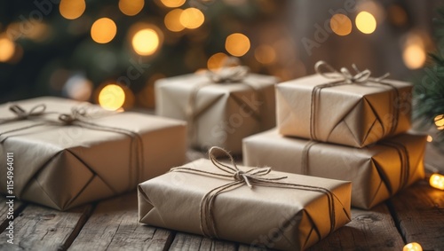 Rustic Wooden Table with Wrapped Presents and Festive Lighting