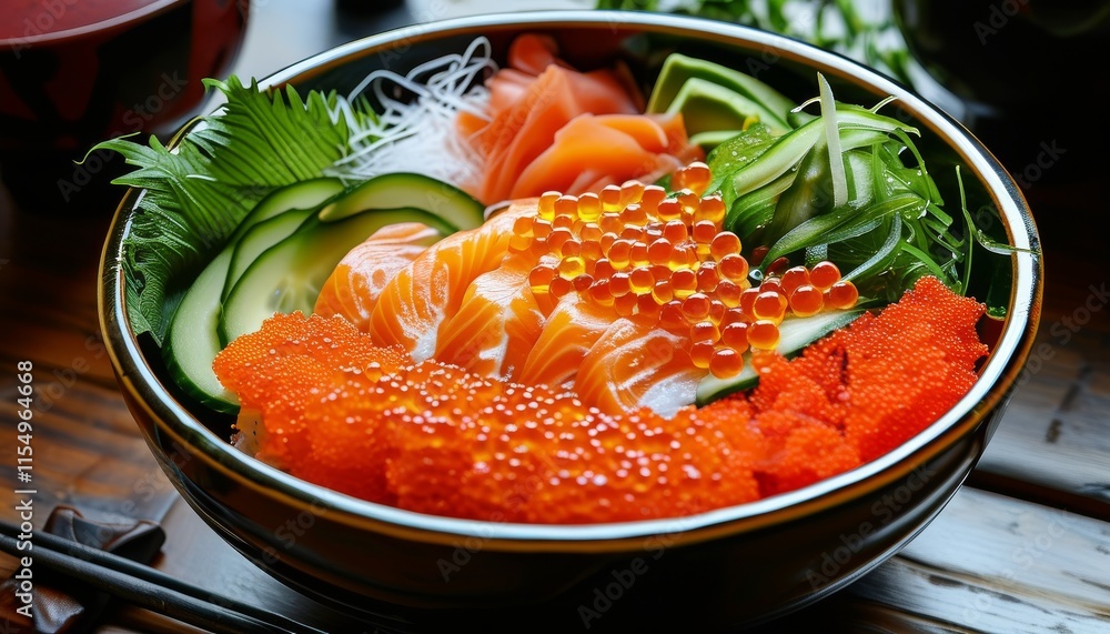 Upscale Japanese Sushi Bowl with Fresh Fish, Rice, Vegetables and Vibrant Toppings Upscale Japanese Sushi Bowl with Fresh Fish, Rice, Vegetables and Vibrant Toppings