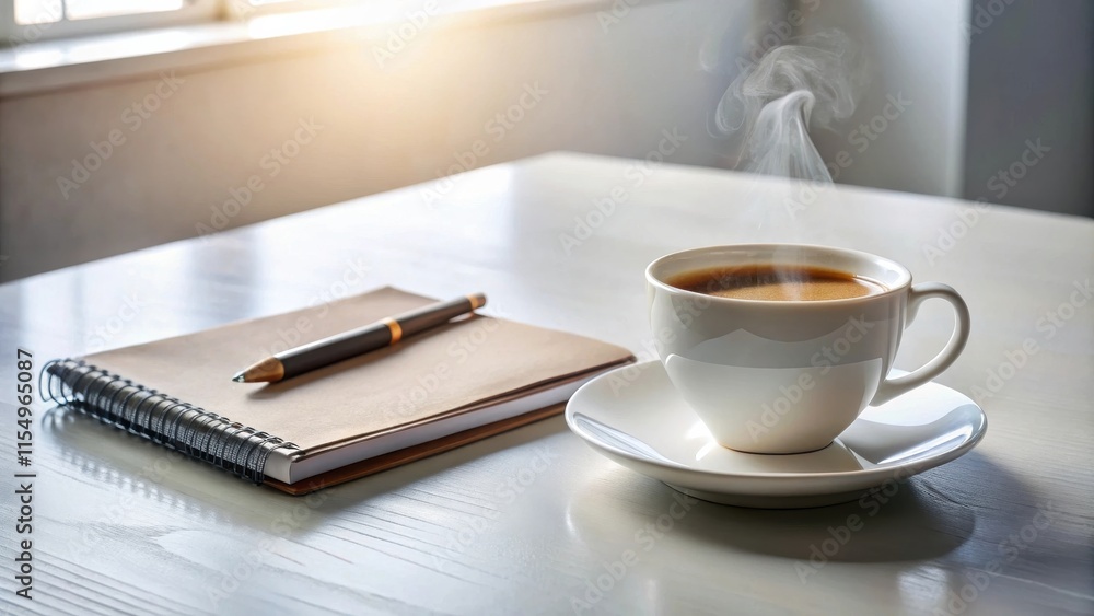 A steaming cup of coffee rests on a saucer next to a spiral bound notebook and pen on a white wooden table, bathed in sunlight. A steaming cup of coffee rests on a saucer next to a spiral bound notebook and pen on a white wooden table, bathed in sunlight.