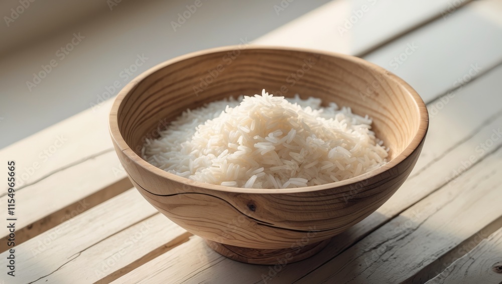 White rice served in a wooden bowl ready for a delicious meal or recipe preparation White rice served in a wooden bowl ready for a delicious meal or recipe preparation