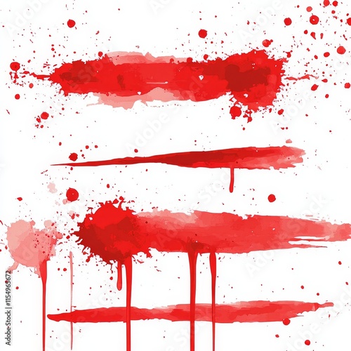 Red watercolor paint splatters and drips isolated on white.