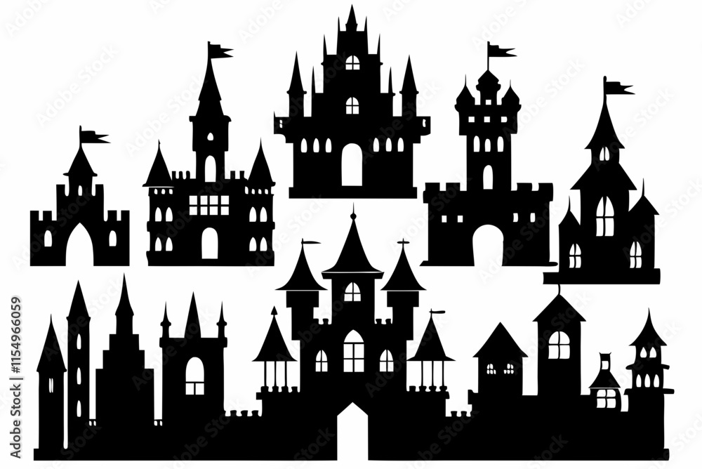 Obraz premium Castle Silhouettes - Majestic and Timeless Designs on White Background.
