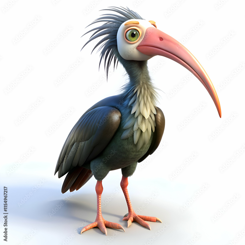 Fototapeta premium A cartoon ibis stands on a white background.