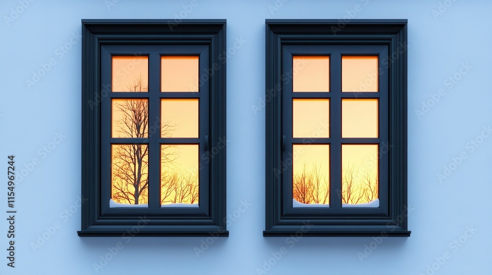 Obraz premium Sunset reflections through windows urban setting architectural tranquil atmosphere