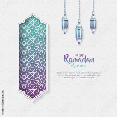 islamic greeting ramadan kareem card with three lanterns and luxury islamic decorative ornament background
