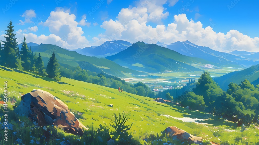 View from a mountain peak overlooking meadows below. Countryside scene in anime style,