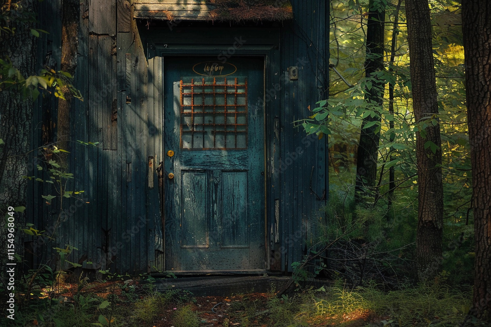 Fantastically door in wild forest leading to deep unknown Fantastically door in wild forest leading to deep unknown