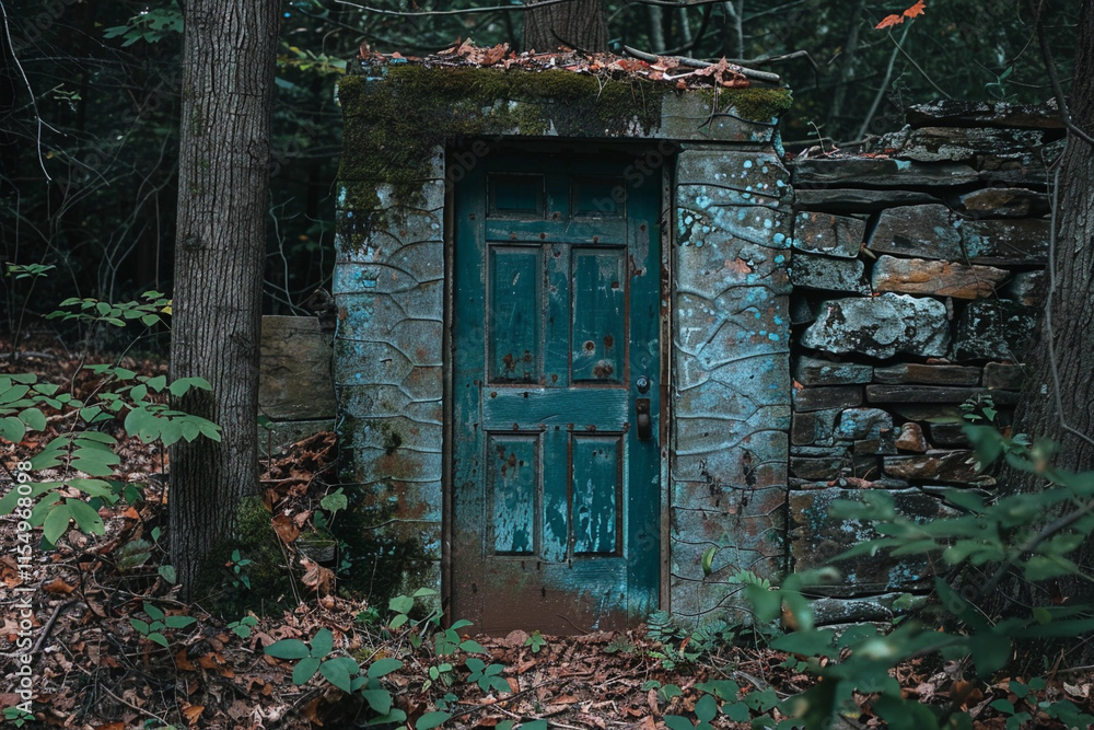 Fantastically door in wild forest leading to deep unknown Fantastically door in wild forest leading to deep unknown