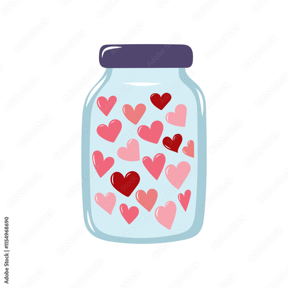 Pink hearts inside glass jar. Valentine's day element for design on white background. Isolated vector illustration. Pink hearts inside glass jar. Valentine's day element for design on white background. Isolated vector illustration.