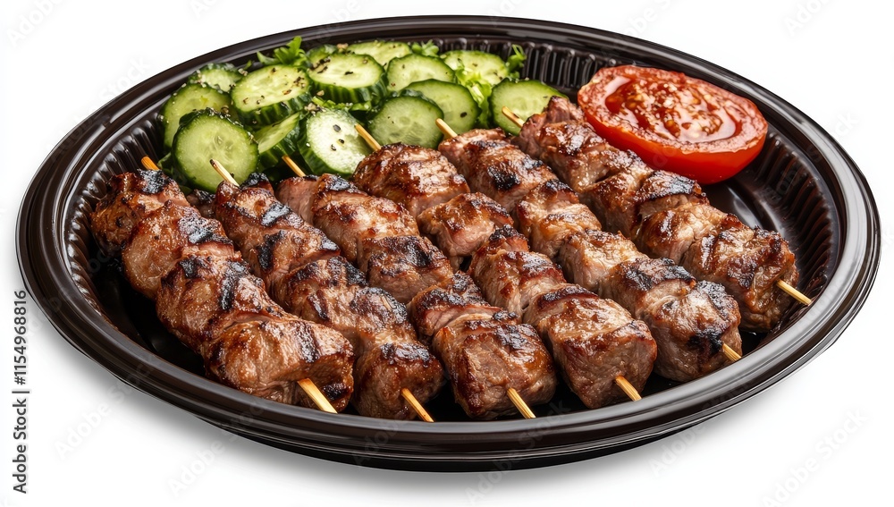 Grilled meat skewers with cucumber and tomato salad on a black plate. Grilled meat skewers with cucumber and tomato salad on a black plate.