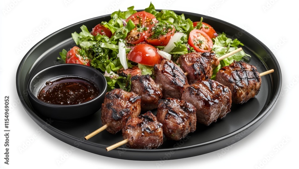 Grilled beef skewers with fresh salad and dipping sauce on a black plate. Grilled beef skewers with fresh salad and dipping sauce on a black plate.