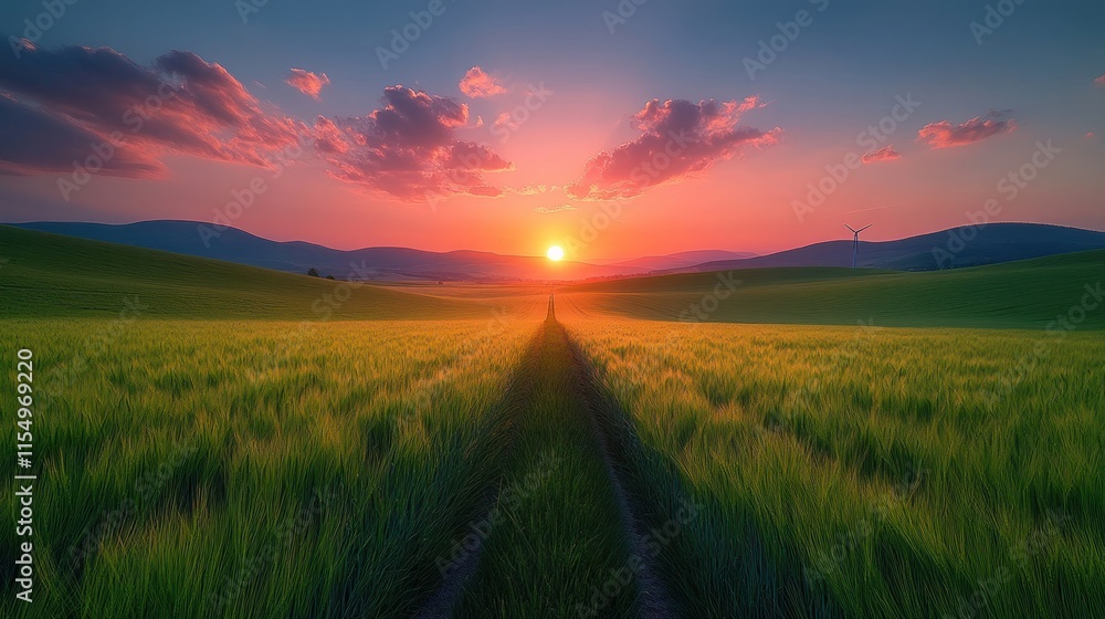 Fototapeta premium Panoramic view of a country road leading to a vibrant sunset over a field of wheat.