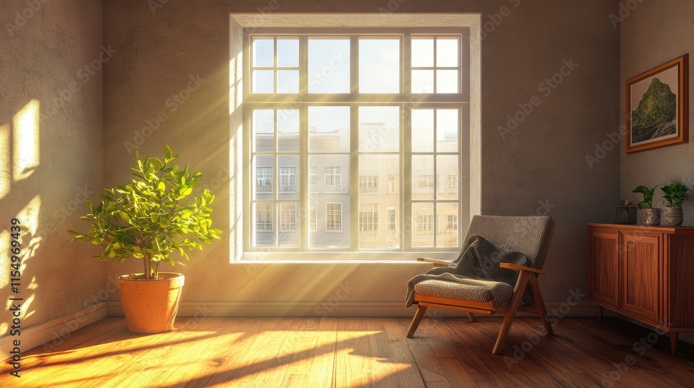 Fototapeta premium Bright, airy loft with clean concrete walls, warm wood floors, and a large window framing a stylish cloth chair and board.