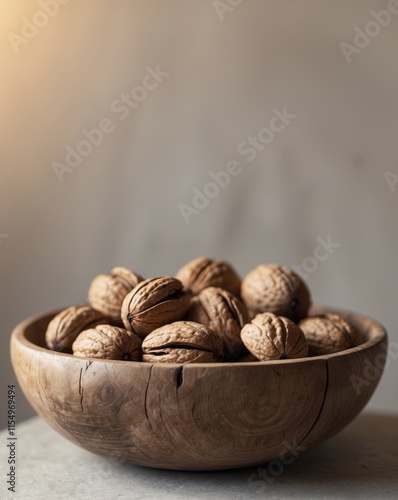 Walnut halves and whole walnuts in a wooden bowl photo