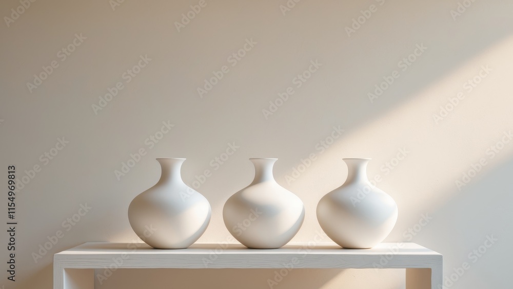 three white vases sitting on a table with a wall in the background three white vases sitting on a table with a wall in the background