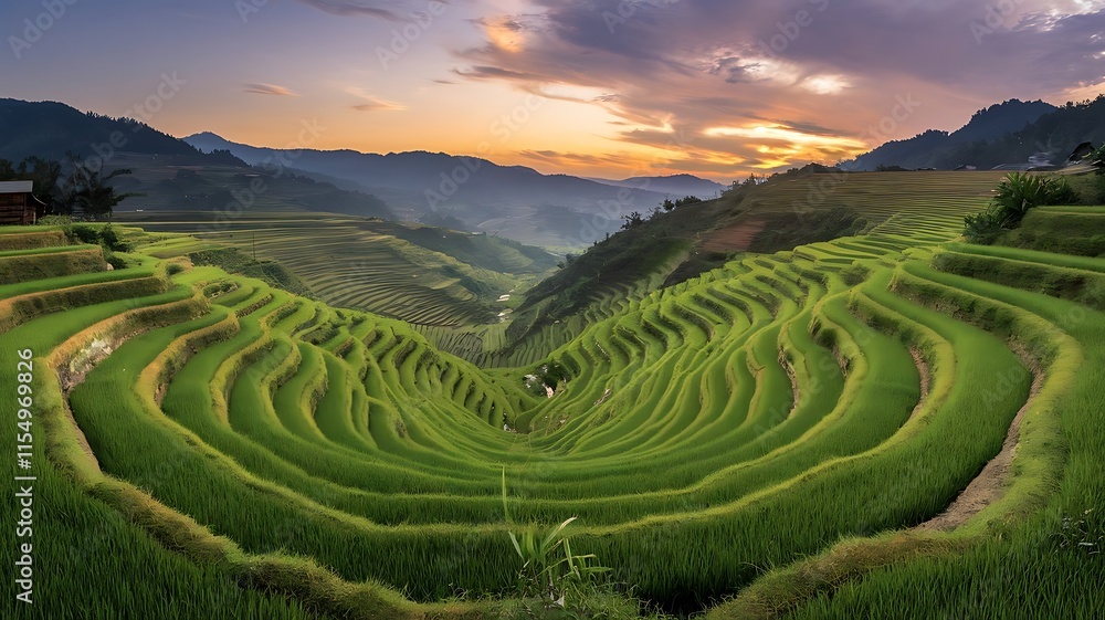 Sunset Over Majestic Terraced Rice Fields Sunset Over Majestic Terraced Rice Fields