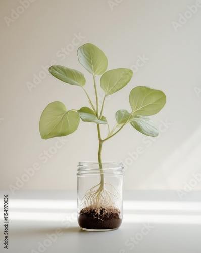 Young plant growing in jar with soil on light background photo