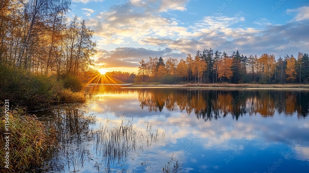 Obraz premium Autumn Sunrise over a Calm Lake. Tranquil Nature Scene.