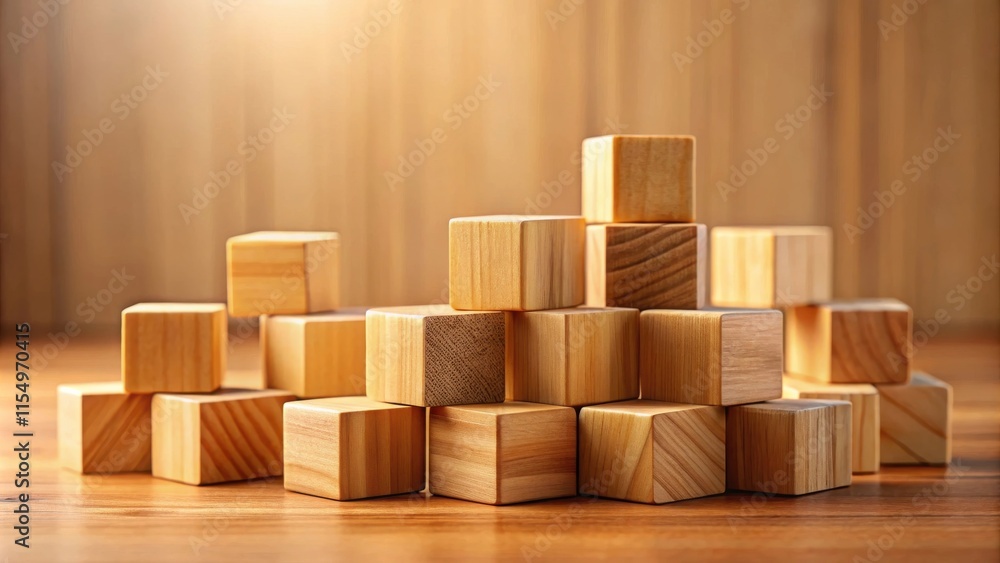 A collection of unfinished wooden blocks arranged in a staggered pattern on a light brown wooden surface A collection of unfinished wooden blocks arranged in a staggered pattern on a light brown wooden surface