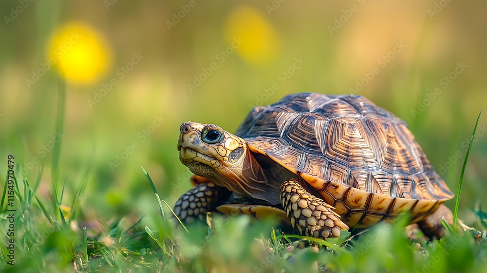 Obraz premium Cute tortoise in a grassy field. Wildlife, nature, animal.