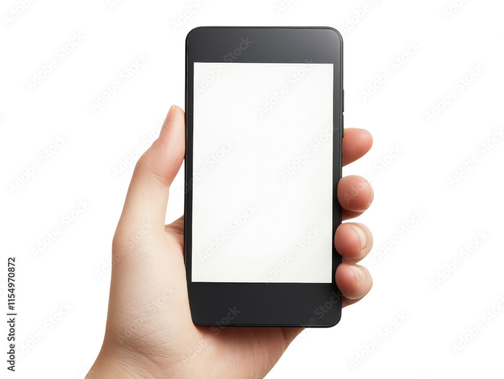 Hand Holding Modern Smartphone with Blank Screen Isolated on White Background for Mockup and Design Presentation Hand Holding Modern Smartphone with Blank Screen Isolated on White Background for Mockup and Design Presentation