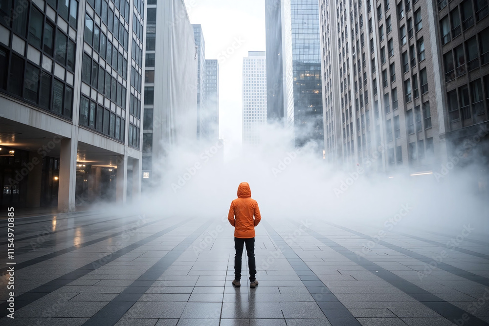 Obraz premium Person urban walkway misty atmosphere skyscraper jacket