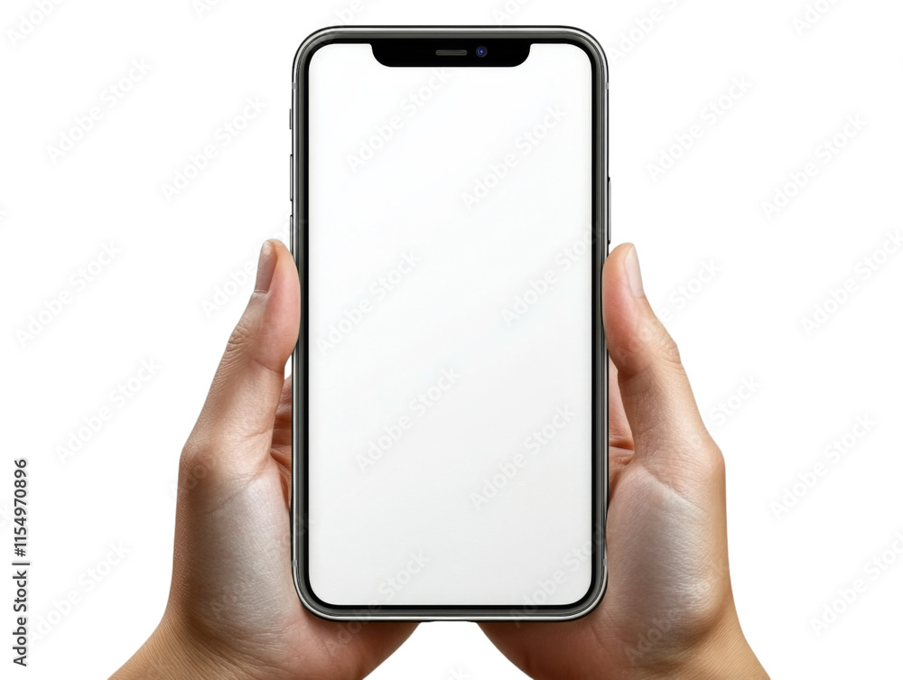 Close-up of Hands Holding a Modern Smartphone with Blank Screen Isolated on White Background Close-up of Hands Holding a Modern Smartphone with Blank Screen Isolated on White Background