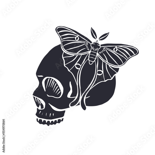 Hand drawn black silhouette of human skull with luna moth sitting on top isolated on white background. Monochrome Bohemian skeleton head with butterfly design