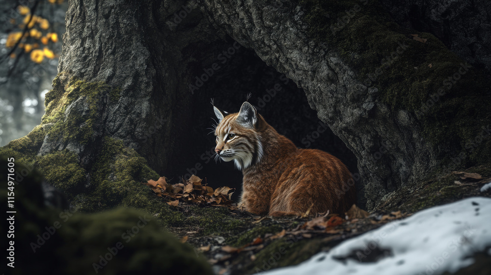 Obraz premium Majestic Lynx Resting in Its Natural Habitat Surrounded by Trees, Leaves, and Snow and Highlighting the Beauty of Wilderness and Wildlife Conservation