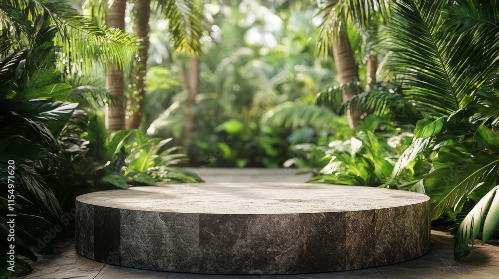Rustic stone tabletop in a lush outdoor garden, framed by blurred tropical leaves Rustic stone tabletop in a lush outdoor garden, framed by blurred tropical leaves