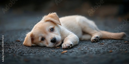 Lonely puppy rests on the ground, showcasing its adorable features. This lonely puppy captures hearts with its playful and gentle demeanor while laying comfortably on the ground. photo