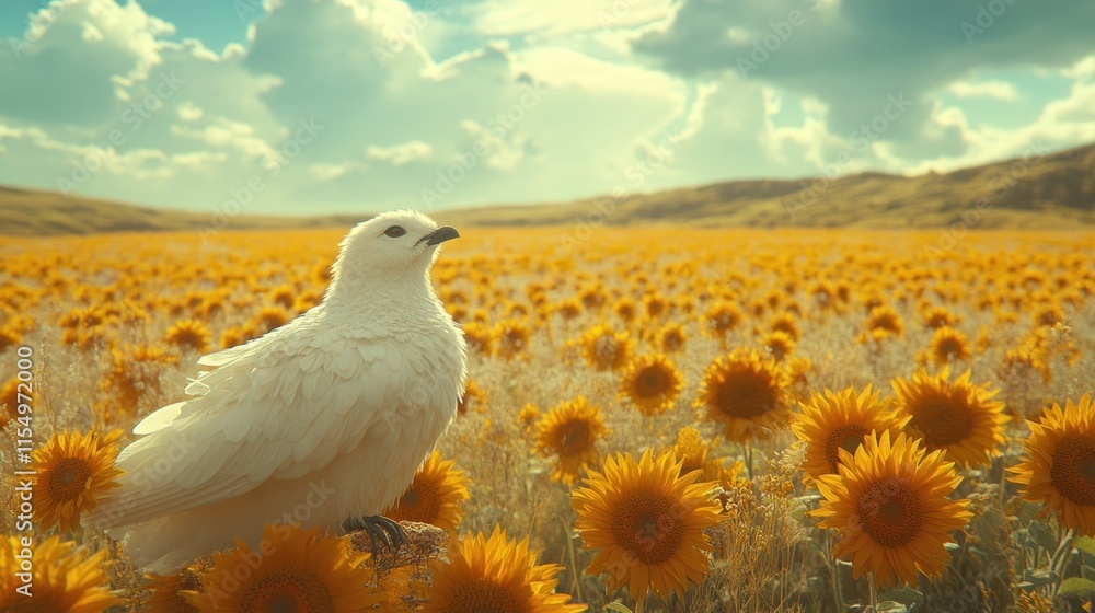 Peaceful white bird in a field of sunflowers. Peaceful white bird in a field of sunflowers.