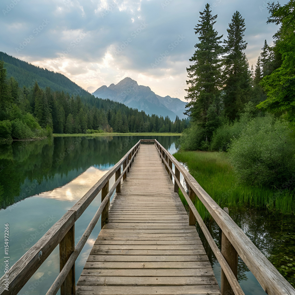 vertical shot of a wooden passage over a reflect vertical shot of a wooden passage over a reflect