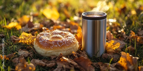 Delicious sugar bun alongside a thermo cup filled with hot beverage, captured in close up. Enjoy a picnic on clean autumn grass, highlighting the essence of a waste free lifestyle and environmental photo