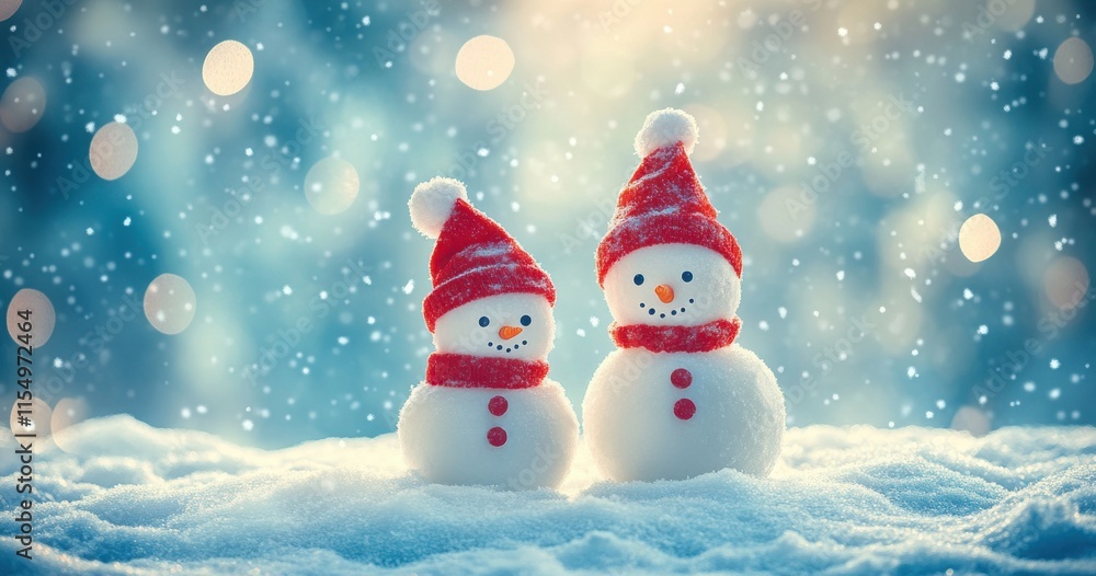 Fototapeta premium Joyful Snowmen in Red Hats Surrounded by Snowflakes and Soft Bokeh Lights Creating a Magical Winter Wonderland Atmosphere