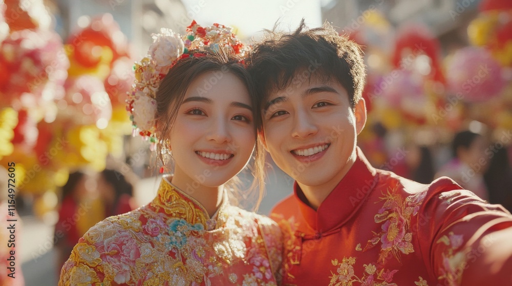 Happy Couple Wearing Traditional Chinese Wedding Attire Happy Couple Wearing Traditional Chinese Wedding Attire