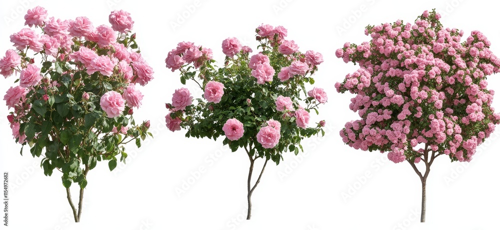 Three pink rose bushes isolated on white background. (1)