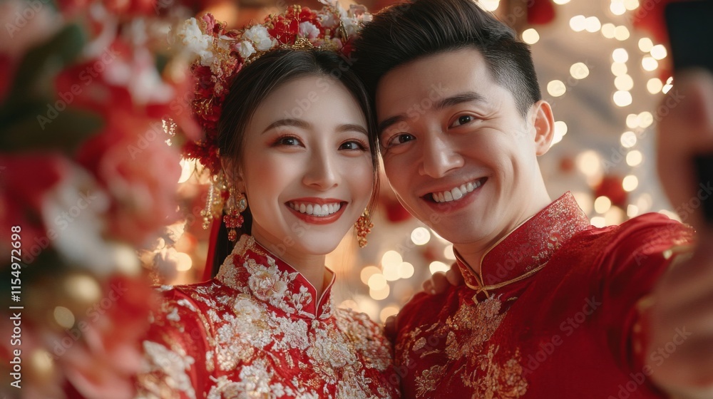 Happy Chinese Couple Taking a Wedding Selfie Happy Chinese Couple Taking a Wedding Selfie