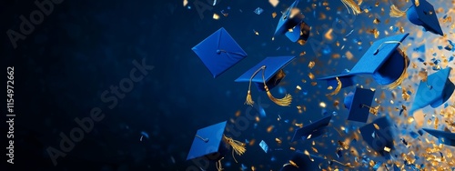 Blue graduation caps and gold confetti falling on a dark blue background.