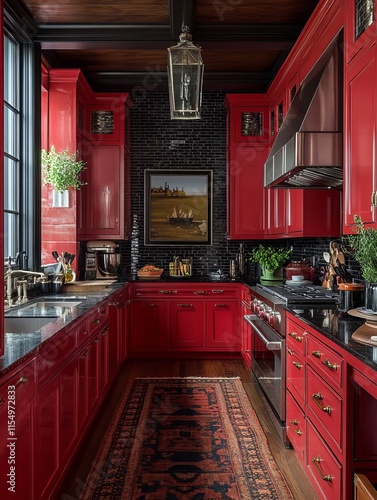 Elegant Red Kitchen With Dark Accents and Persian Rug