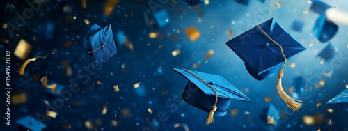 Blue graduation caps tossed in the air with confetti.
