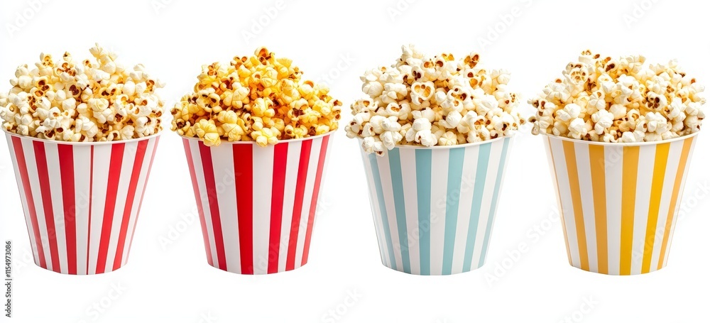 Four striped popcorn buckets with different popcorn flavors. Four striped popcorn buckets with different popcorn flavors.