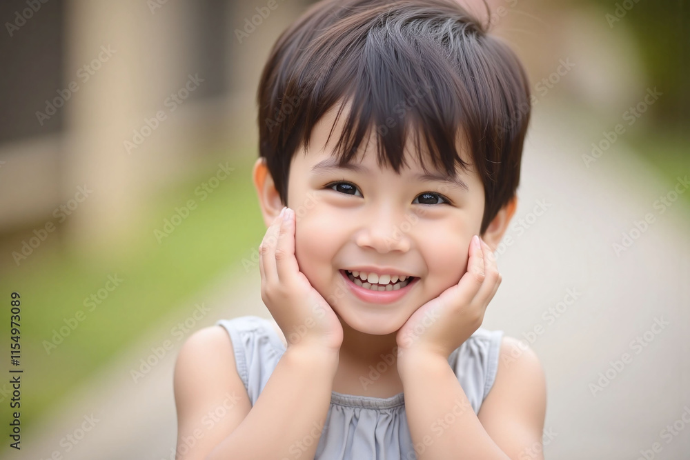 Young child gray dress smile hands chin innocence Young child gray dress smile hands chin innocence