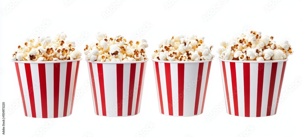 Four striped cups overflowing with popcorn. Four striped cups overflowing with popcorn.