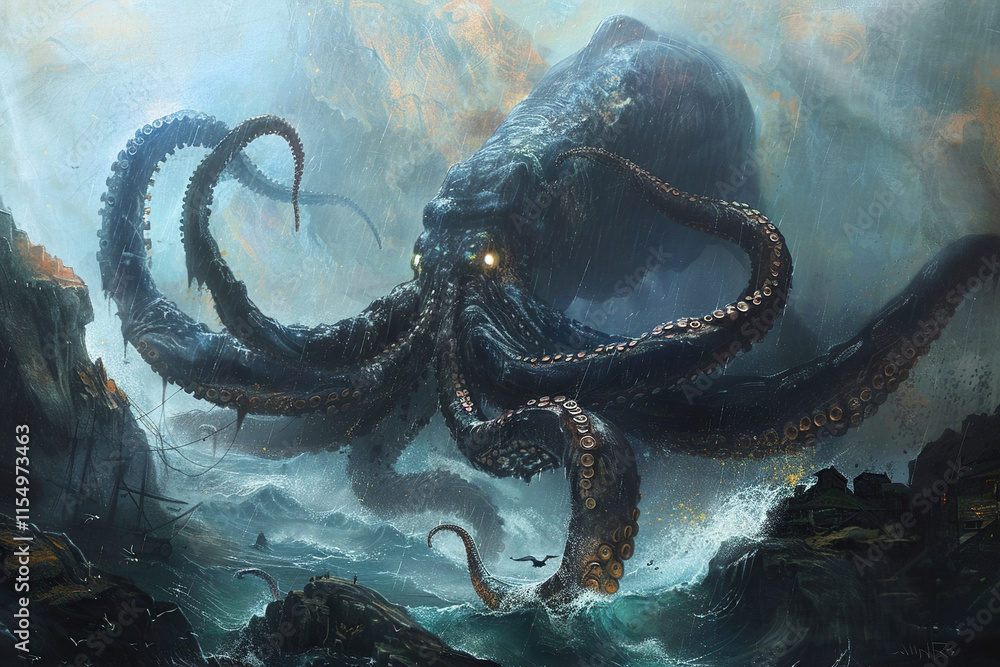 Terrifying scary sea monster in dark depths of deep ocean Terrifying scary sea monster in dark depths of deep ocean