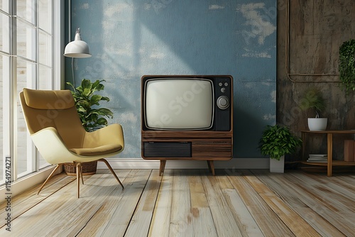 Retro TV set in room with wooden floor render photo