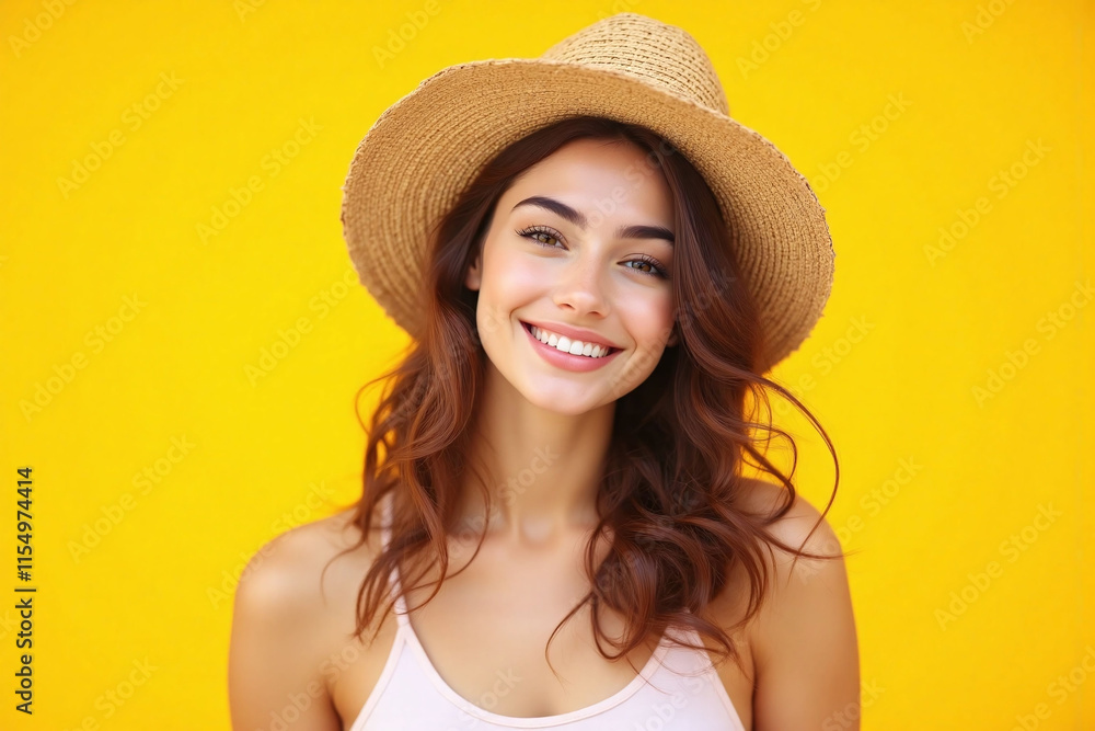 Young woman yellow background straw hat wavy hair Young woman yellow background straw hat wavy hair