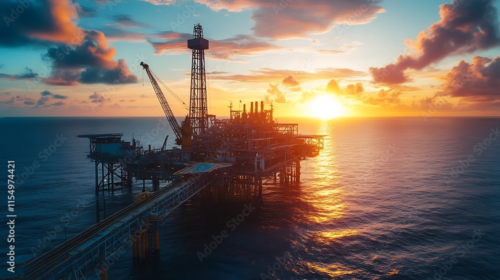 Offshore Oil Rig at Sunset. Concept of Energy, Industry, and Resource Extraction. Offshore Oil Rig at Sunset. Concept of Energy, Industry, and Resource Extraction.