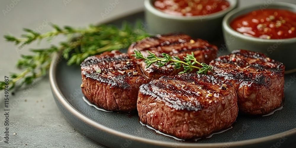 Grilled beef steak with herb and spices. Portion of fried meat cuts with rosemary, garlic, olive oil and ketchup sauce Grilled beef steak with herb and spices. Portion of fried meat cuts with rosemary, garlic, olive oil and ketchup sauce